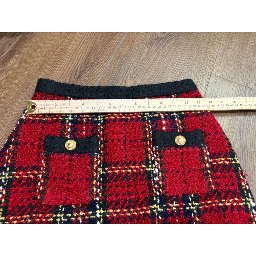 Zara Red Plaid Bouclé Tweed Mini Skirt Black Trim Gold Buttons XS - Picture 8 of 11